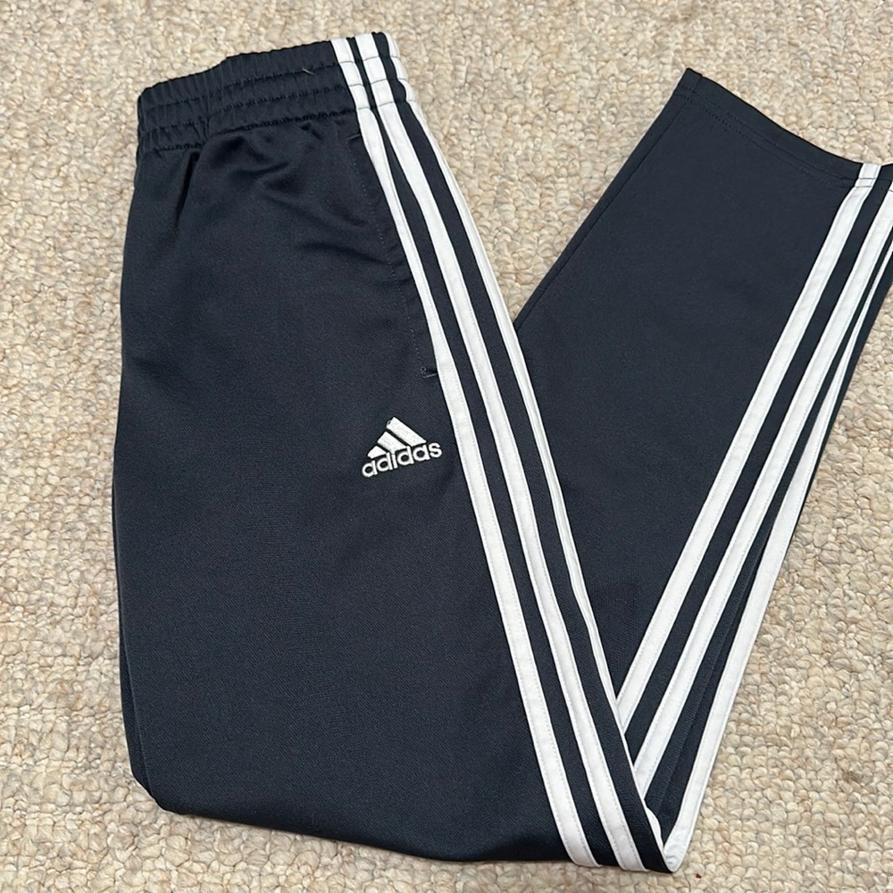 Boys Adidas athletic pants, size medium 10/12 dark gray with white stripes
